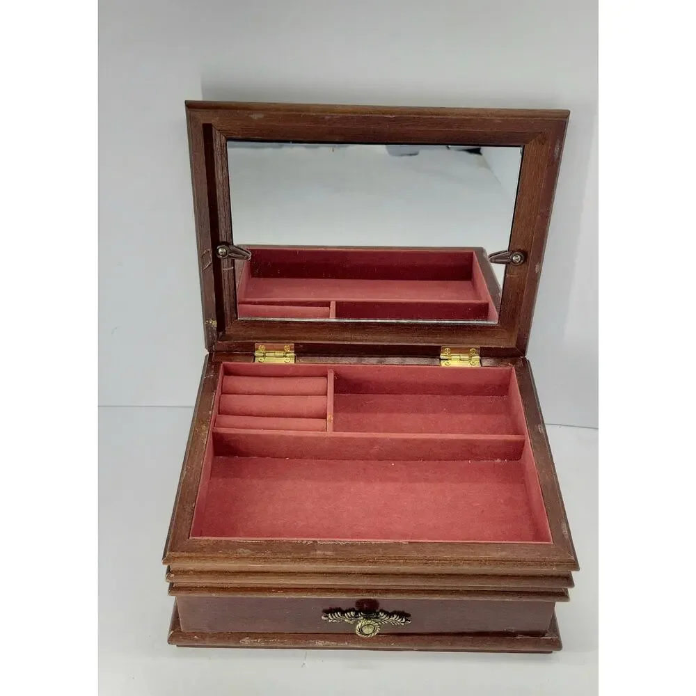 Wooden Jewelry Box with Photo Frame Lid Mirror Drawer Ring Organizer Brown